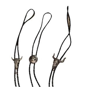 Lot of 3 Western Bolo Ties Longhorn Steer Skull Texas Star Black Braided Cord